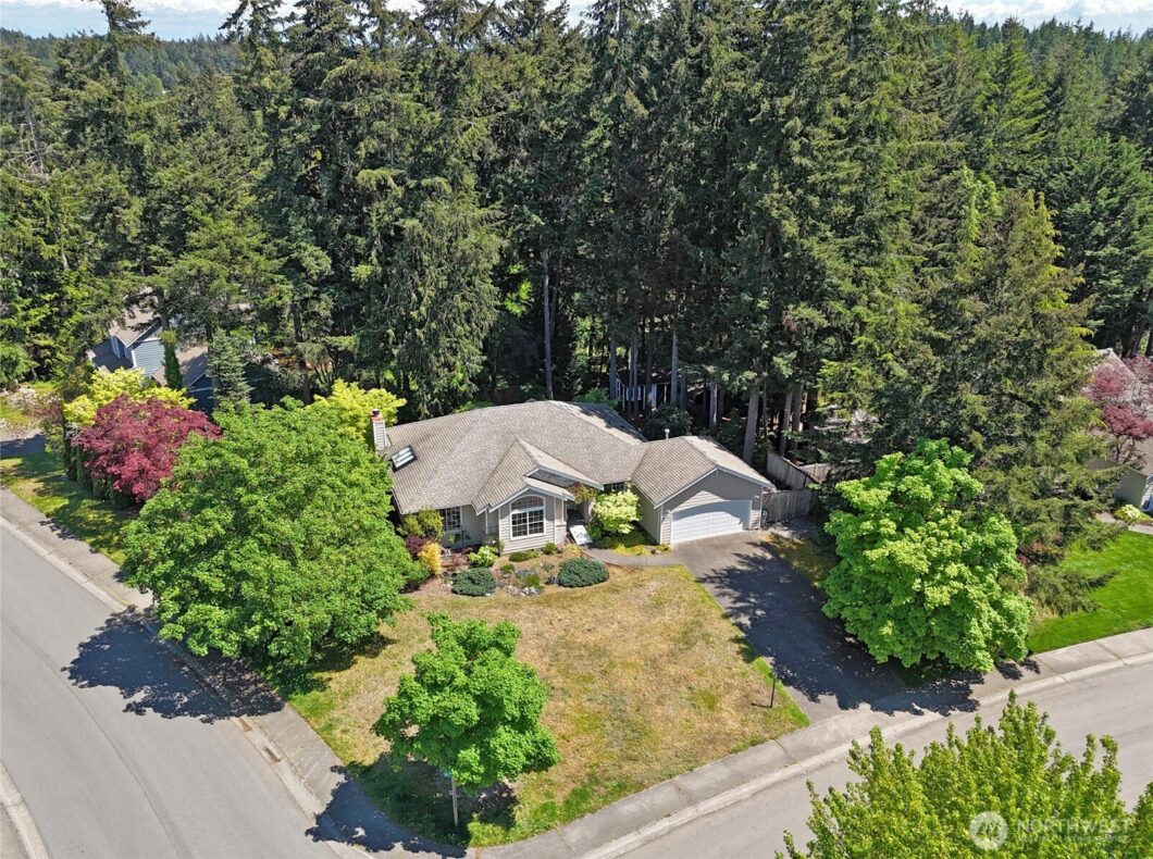 An aerial view of a house with a grey roof surrounded by tall green trees and a lawn.